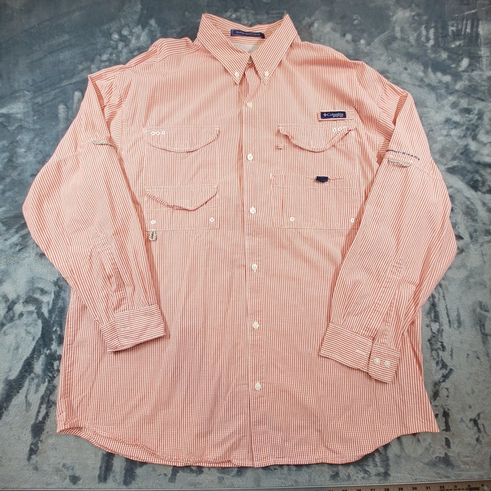 Columbia PFG Super Bonehead Fishing Shirt Mens XL Orange Gingham Long Sleeve UPF
